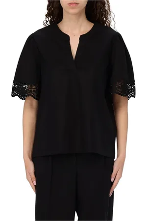 Twin-Set Blouses & Shirts, Dames, Zwart, XL, Zwart Lace Trim VNeck Blouse