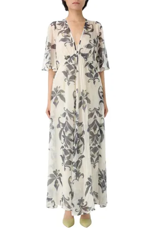 FORTE FORTE Kleedjes, Dames, Wit, M, Elegante Bloemen Zijden Maxi Jurk