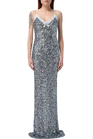 Elisabetta Franchi Kleedjes, Dames, Blauw, XS, Pailletten, Blauwe Pailletten Maxi Jurk