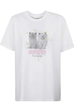 Ganni Tops, Dames, Wit, M, Katoen, Witte Relaxed Kittens Grafische T-shirt