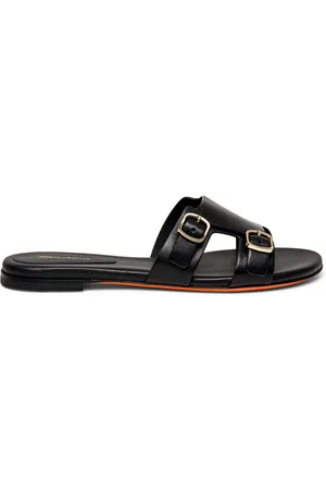 santoni Schoenen, Dames, Zwart, 41 EU, Leer, Leren sandaal met dubbele gesp voor dames