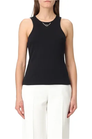 Twin-Set Tops, Dames, Zwart, XS, Geribbelde Mouwloze Tanktop met Kettingdetail