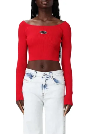 Diesel Tops, Dames, Rood, S, Rode Geribbelde Gebreide Top met Uitsnijding Detail