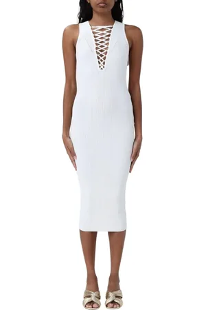 Elisabetta Franchi Kleedjes, Dames, Wit, M, Zwarte Gedrapeerde Midi Jurk