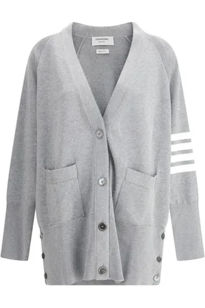 Thom Browne Truien, Dames, Grijs, 2Xs, Katoen, Gestreepte V-hals Oversized Vest met Zakken