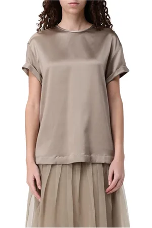Brunello Cucinelli Tops, Dames, Grijs, M, Elegante Zijden Blouse met Korte Mouwen