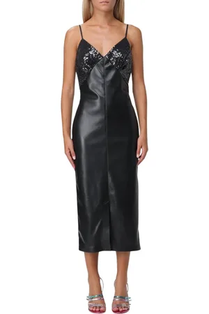 Msgm Kleedjes, Dames, Zwart, S, Leer, Zwarte Paillet Leren Midi Jurk