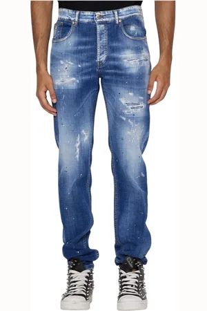 John Richmond Jeans, Heren, Blauw, W32, Katoen, Slimme jeans met scheuren aan de voorkant