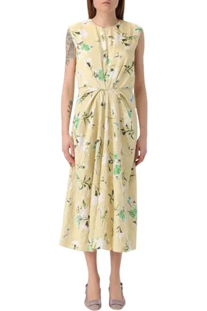 Erdem Kleedjes, Dames, Geel, L, Gele Bloemen Midi Jurk met Gerimpelde Mouwen