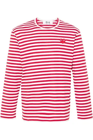Comme des Garçons Tops, Heren, Rood, XL, Katoen, Gestreept hartpatch ronde hals T-shirt