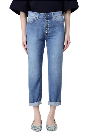 Dondup Jeans, Dames, Blauw, W29, Katoen, Blauwe Straight Leg Jeans Met Knoopsluiting