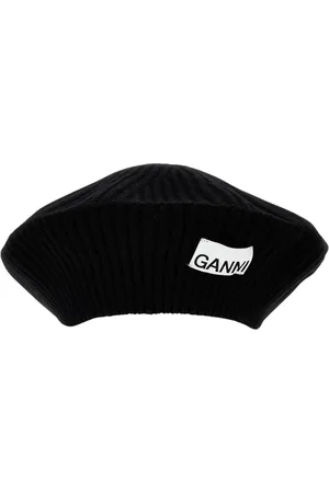 Ganni Accessoires, Dames, Zwart, ONE Size, Wol, Gebreide muts met logo