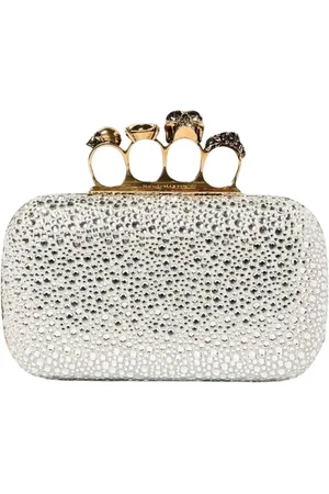 Alexander McQueen Tassen, Dames, Grijs, ONE Size, Leer, Zilveren Crystal Knuckle Ring Schoudertas