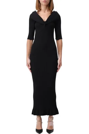 Serafini Kleedjes, Dames, Zwart, M, Zwart Geribbelde Gebreide Midi Jurk