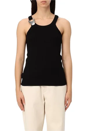Pinko Tops, Dames, Zwart, L, Katoen, Geribbelde Tanktop Metalen Ring