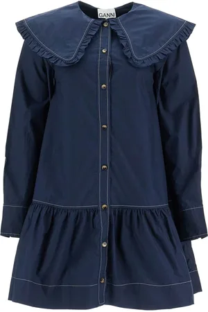 Ganni Kleedjes, Dames, Blauw, XS, Katoen, Gerimpelde Kraag Katoenen Mini Jurk