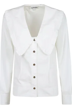 Ganni Blouses & Shirts, Dames, Wit, S, Katoen, V-hals Shirt van Katoen