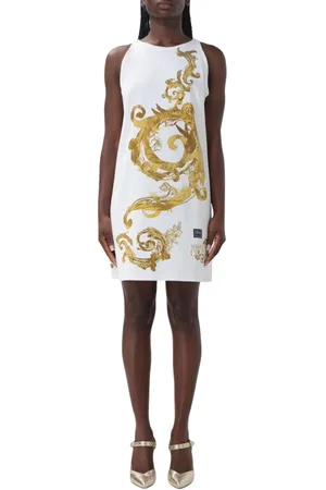 VERSACE Kleedjes, Dames, Wit, S, Barok Print Elegante Witte Jurk