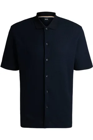 HUGO BOSS Overhemden, Heren, Blauw, 3Xl, Katoen, Korte Mouw Navy Shirt met Wafelstructuur