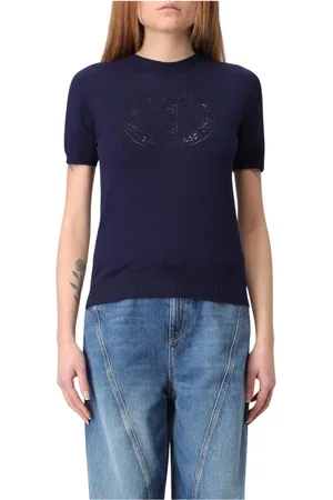 Twin-Set Truien, Dames, Blauw, XL, Wol, Blauwe Merino Wol Pullover Trui