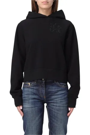 Palm Angels Sweatshirts & Hoodies, Dames, Zwart, XS, Katoen, Geborduurd Logo Cropped Hoodie Sweatshirt