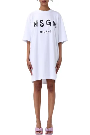 Msgm Kleedjes, Dames, Wit, S, Katoen, Logo T-shirt Jurk Vrouw Wit