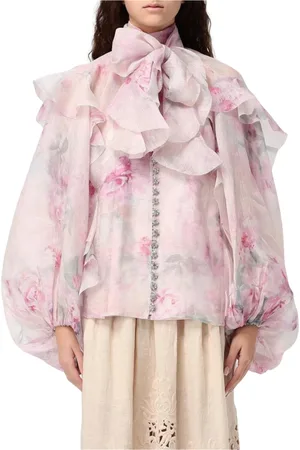 ZIMMERMANN Blouses & Shirts, Dames, Roze, S, Stijlvolle Bloemen Zijden Blouse met Ruches