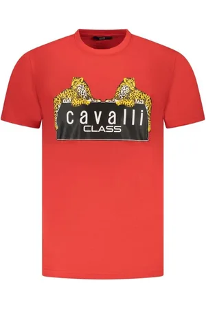 Roberto Cavalli Tops, Heren, Rood, XL, Katoen, Rode Katoenen Crew Neck T-Shirt
