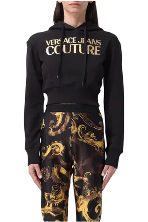 VERSACE Sweatshirts & Hoodies, Dames, Zwart, XS, Katoen, Zwarte Cropped Hoodie Sweatshirt