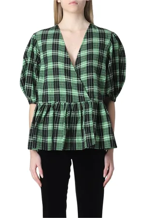 Ganni Blouses & Shirts, Dames, Groen, S, Katoen, Groene Wrap Top met Pofmouwen