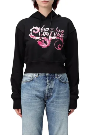 VERSACE Sweatshirts & Hoodies, Dames, Zwart, M, Katoen, Zwarte Cropped Hoodie Stijlvol Comfortabel