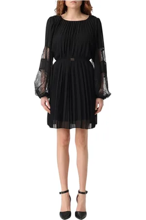 Twin-Set Kleedjes, Dames, Zwart, M, Chiffon, Elegante Kantmouw Mini Jurk