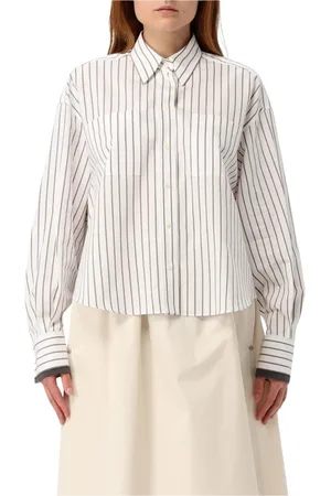 Brunello Cucinelli Blouses & Shirts, Dames, Wit, M, Katoen, Blauw Gestreepte Overhemd