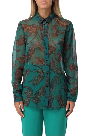 Roberto Cavalli Blouses & Shirts, Dames, Groen, XS, Polyester, Jaguar Print Sheer Blouse