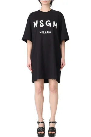 Msgm Kleedjes, Dames, Zwart, S, Katoen, Grafisch T-shirt Jurk Vrouw Wit