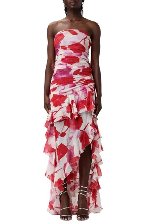 BLUMARINE Kleedjes, Dames, Rood, S, Elegante Bloemen Zijden Jurk High Low