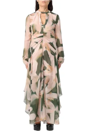 DEL CORE Kleedjes, Dames, Groen, M, Chiffon, Groene Bloemen Maxi Jurk