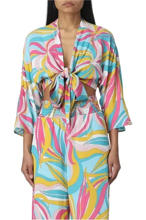 Pinko Blouses & Shirts, Dames, Veelkleurig, L, Kleurrijke Crop Top en Wijde Broek Set