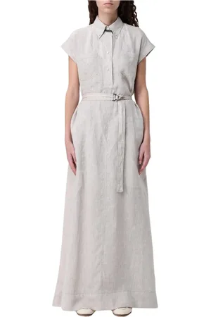 Brunello Cucinelli Kleedjes, Dames, , L, Linnen, Elegante Linnen Maxi Shirt Jurk
