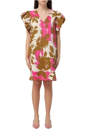 Liu Jo Kleedjes, Dames, Veelkleurig, XS, Katoen, Bloemen Mini Jurk Gerimpelde Mouwen