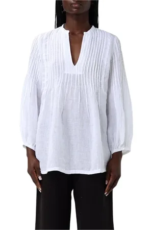 120% Lino Blouses & Shirts, Dames, Wit, L, Linnen, Elegante Linnen V-hals Blouse