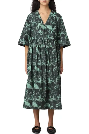 Ganni Kleedjes, Dames, Groen, XS, Katoen, Bloemenprint Midi Jurk Relaxte Pasvorm