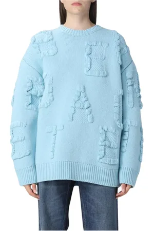 Bottega Veneta Truien, Dames, Blauw, M, Wol, Logo Intarsia Wol Pullover Sweater