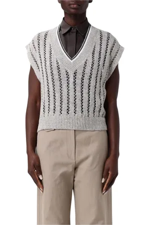 Brunello Cucinelli Truien, Dames, Grijs, L, Katoen, Gele Gebreide Mouwloze Vest