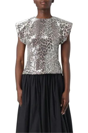 Ganni Tops, Dames, Veelkleurig, S, Polyester, Leopard Print Paillet Top Korte Mouwen