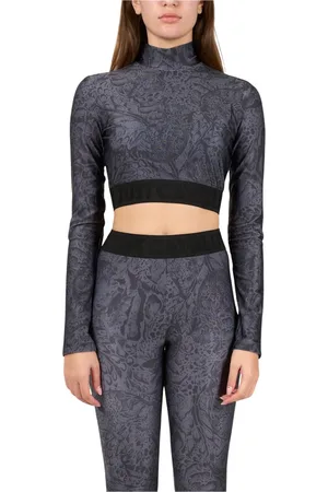 Roberto Cavalli Tops, Dames, Grijs, XS, Gedrukte Lycra Crop Top met lange mouwen