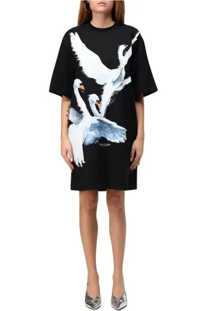 Msgm Kleedjes, Dames, Zwart, S, Katoen, Elegante Zwaanprint Jurk
