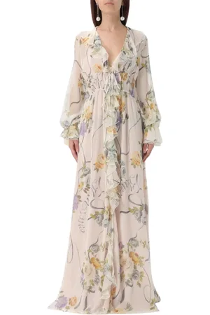BLUMARINE Kleedjes, Dames, Wit, M, Bloemen Maxi Jurk met Ruches