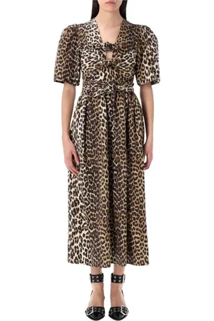 Ganni Kleedjes, Dames, Bruin, S, Katoen, Luipaardprint Midi Jurk Geknoopt Detail