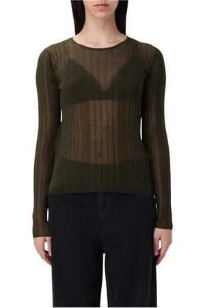 Pinko Tops, Dames, Groen, L, Geribbelde Gebreide Doorschijnende Trui met Lange Mouwen